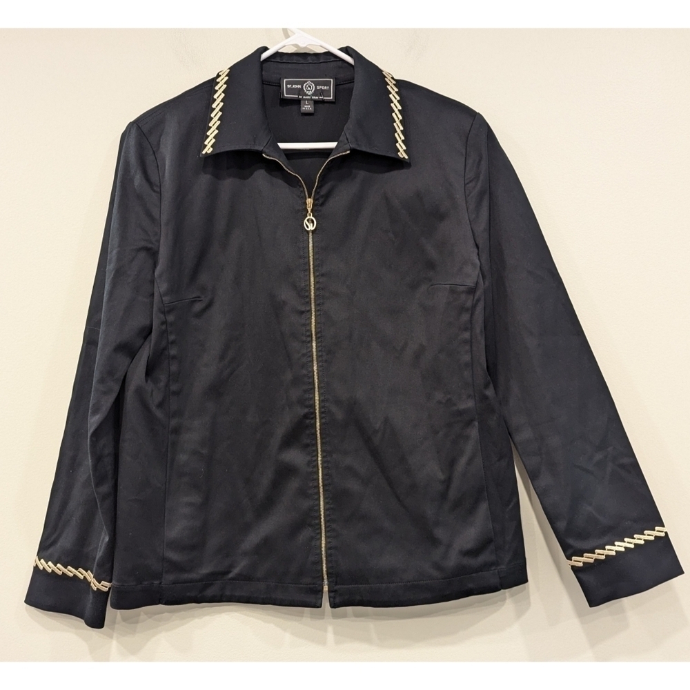 St. John Sport Black and Gold Embroidered Full Zip Jacket Size Large
